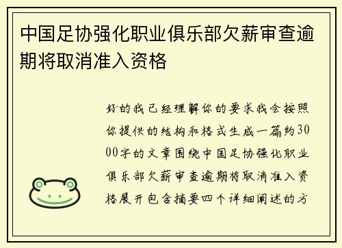 中国足协强化职业俱乐部欠薪审查逾期将取消准入资格